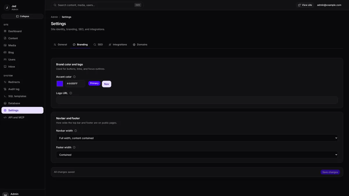 Jed site settings and branding